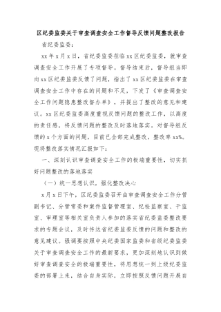 区纪委监委关于审查调查安全工作督导反馈问题整改报告