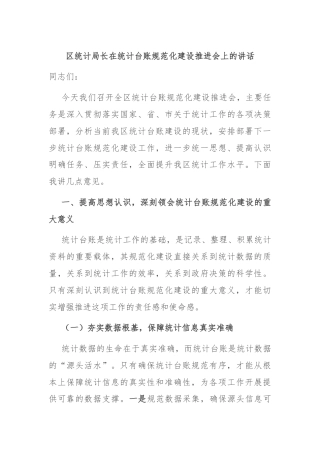 区统计局长在统计台账规范化建设推进会上的讲话