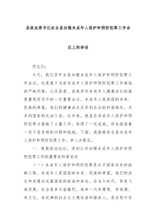 县政法委书记在全县加强未成年人保护和预防犯罪工作会议上的讲话
