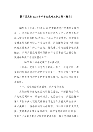银行党支部2025年半年度党建工作总结（精品）