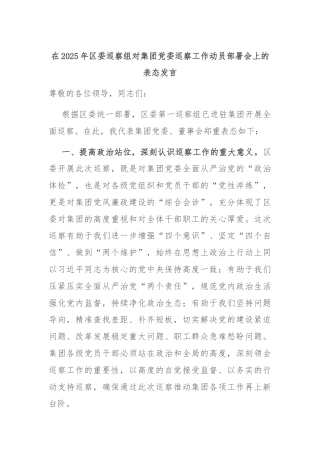 在2025年区委巡察组对集团党委巡察工作动员部署会上的表态发言