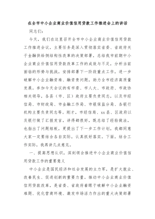 在全市中小企业商业价值信用贷款工作推进会上的讲话