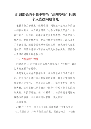 组织部长关于集中整治“违规吃喝”问题个人查摆问题台账