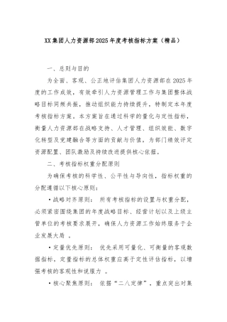 XX集团人力资源部2025年度考核指标方案（精品）