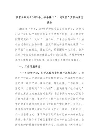 城管局副局长2025年上半年履行“一岗双责”责任的情况报告