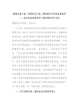 锻铸忠诚之魂，砥砺担当之能，锻造新时代纪检监察铁军——县纪委监委领导班子建设情况研讨发言