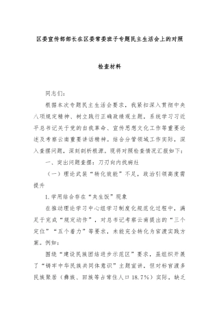 区委宣传部部长在区委常委班子专题民主生活会上的对照检查材料