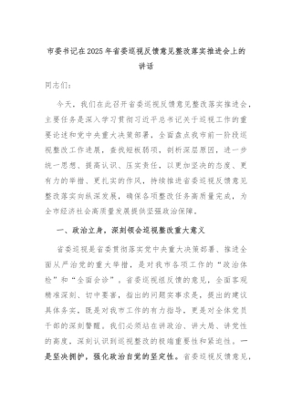 市委书记在2025年省委巡视反馈意见整改落实推进会上的讲话