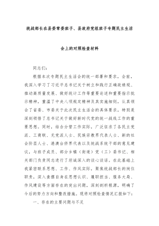 统战部长在县委常委班子、县政府党组班子专题民主生活会上的对照检查材料