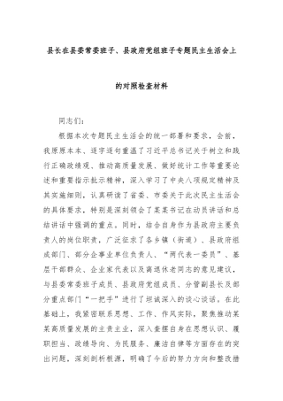 县长在县委常委班子、县政府党组班子专题民主生活会上的对照检查材料