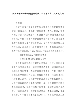 2025年青年干部专题党课讲稿。以担当之姿，赴时代之约