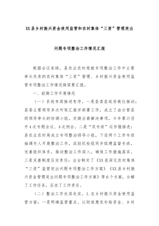 XX县乡村振兴资金使用监管和农村集体“三资”管理突出问题专项整治工作情况汇报
