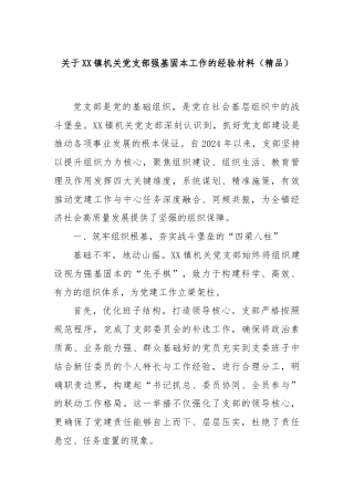 关于XX镇机关党支部强基固本工作的经验材料（精品）