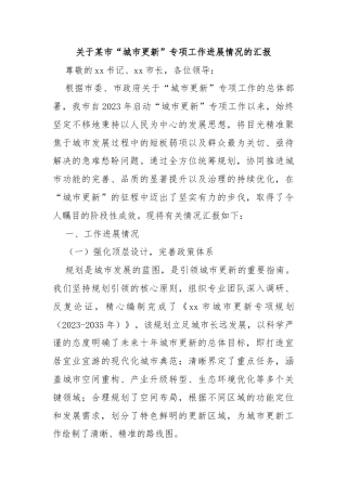 关于某市“城市更新”专项工作进展情况的汇报
