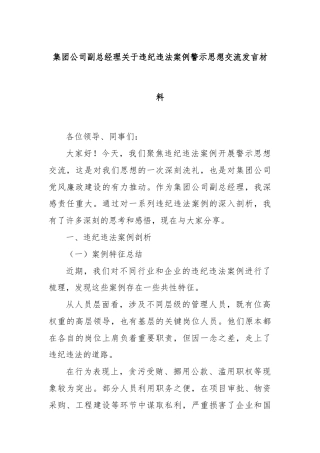 集团公司副总经理关于违纪违法案例警示思想交流发言材料