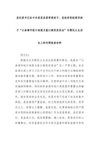 县纪委书记在中共某某县委常委班子、县政府党组领导班子“以曲靖市统计造假为鉴以案促改促治”专题民主生活会上的对照检查材料