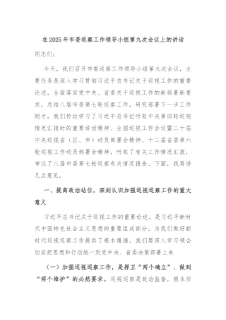 在2025年市委巡察工作领导小组第九次会议上的讲话