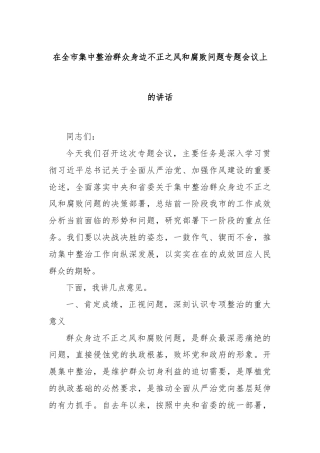 在全市集中整治群众身边不正之风和腐败问题专题会议上的讲话