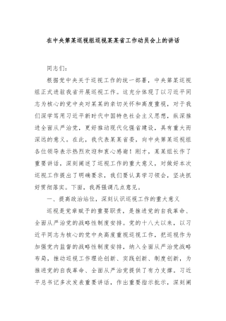 在中央第某巡视组巡视某某省工作动员会上的讲话