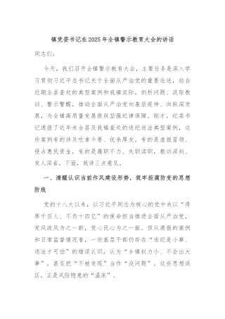镇党委书记在2025年全镇警示教育大会的讲话