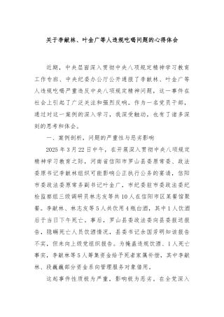 关于李献林、叶金广等人违规吃喝问题的心得体会
