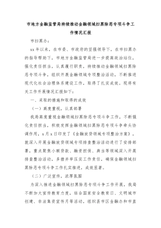 市地方金融监管局持续推动金融领域扫黑除恶专项斗争工作情况汇报
