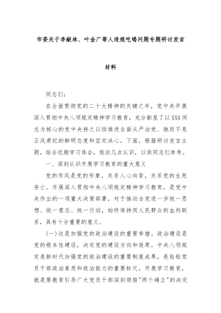 市委关于李献林、叶金广等人违规吃喝问题专题研讨发言材料