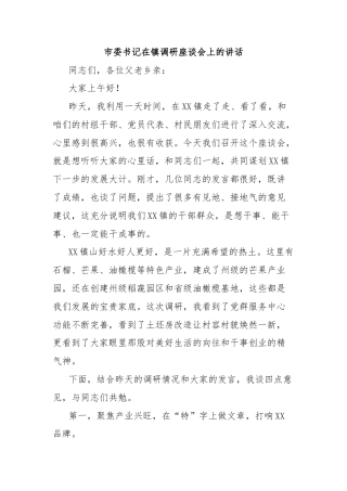 市委书记在镇调研座谈会上的讲话