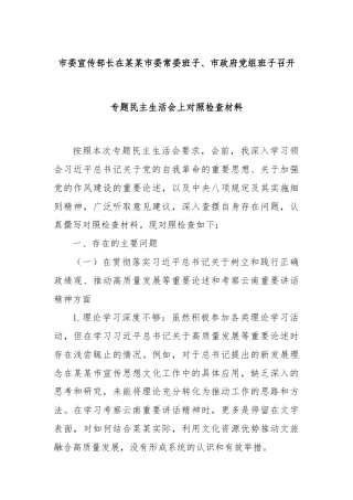 市委宣传部长在某某市委常委班子、市政府党组班子召开专题民主生活会上对照检查材料