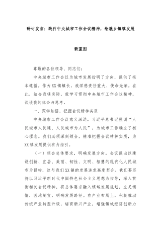 研讨发言：践行中央城市工作会议精神，绘就乡镇镇发展新蓝图