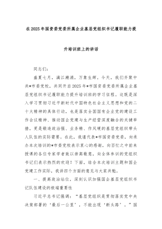 在2025年国资委党委所属企业基层党组织书记履职能力提升培训班上的讲话