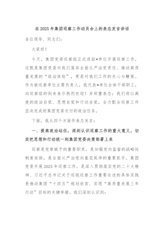 在2025年集团巡察工作动员会上的表态发言讲话