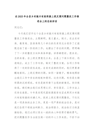 在2025年全县乡村振兴有效衔接上级反馈问题整改工作推进会上的总结讲话