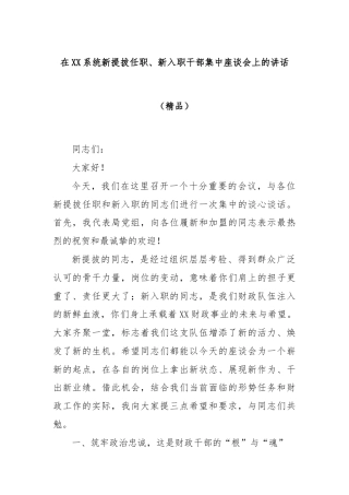在XX系统新提拔任职、新入职干部集中座谈会上的讲话（精品）