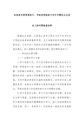 在某某市委常委班子、市政府党组班子召开专题民主生活会上的对照检查材料