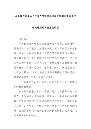 在全镇农村集体“三资”管理突出问题专项整治暨监管平台建管用动员会上的讲话