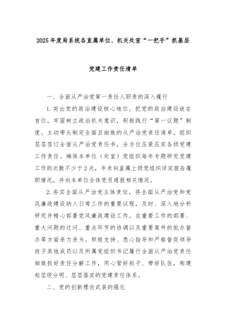 2025年度局系统各直属单位、机关处室“一把手”抓基层党建工作责任清单