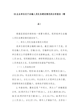 XX企业单位关于在编人员队伍建设情况的分析报告（精品）