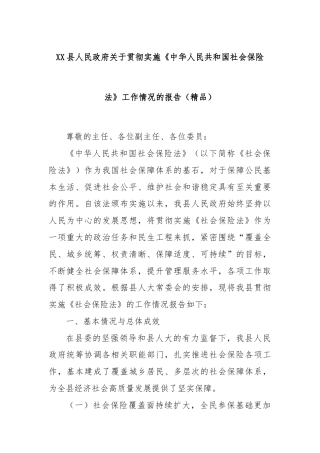 XX县人民政府关于贯彻实施《中华人民共和国社会保险法》工作情况的报告（精品）