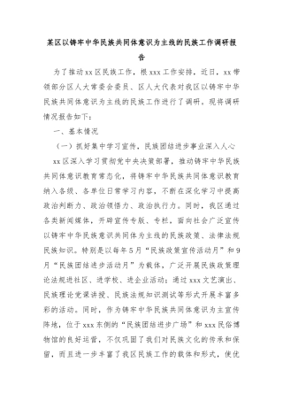 某区以铸牢中华民族共同体意识为主线的民族工作调研报告
