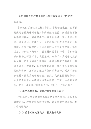 区组织部长在驻村工作队工作经验交流会上的讲话