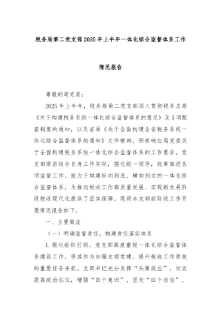 税务局第二党支部2025年上半年一体化综合监督体系工作情况报告