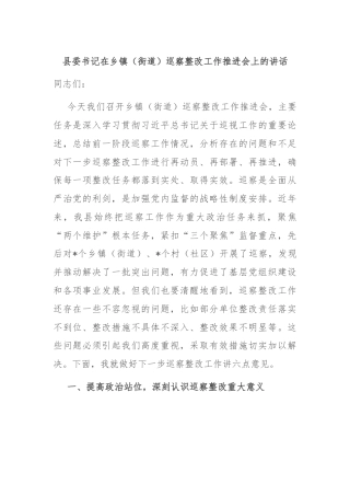 县委书记在乡镇（街道）巡察整改工作推进会上的讲话