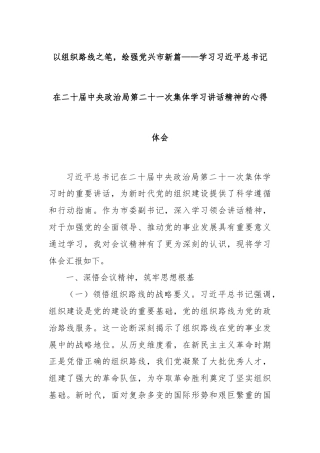 以组织路线之笔，绘强党兴市新篇——学习总书记在二十届中央政治局第二十一次集体学习讲话精神的心得体会