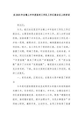 在2025年全镇上半年度驻村工作队工作汇报会议上的讲话