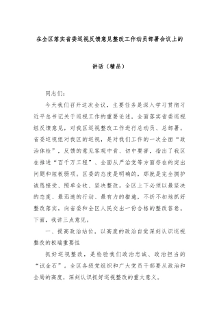 在全区落实省委巡视反馈意见整改工作动员部署会议上的讲话（精品）
