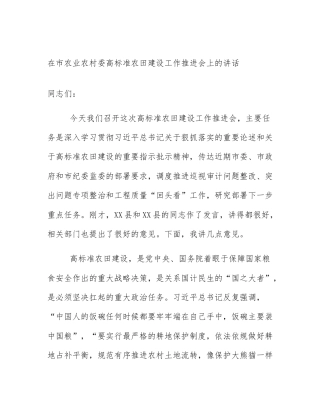 在市农业农村委高标准农田建设工作推进会上的讲话