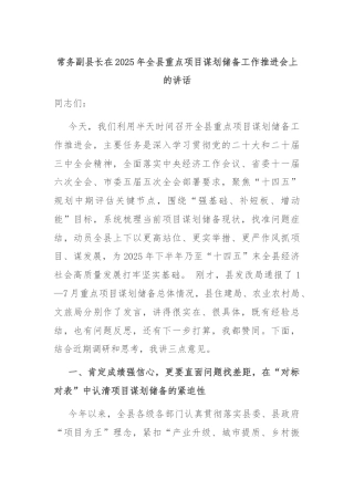 常务副县长在2025年全县重点项目谋划储备工作推进会上的讲话