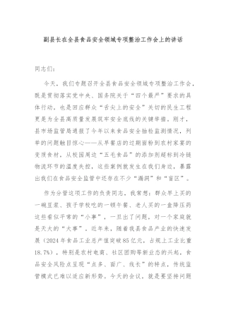 副县长在全县食品安全领域专项整治工作会上的讲话