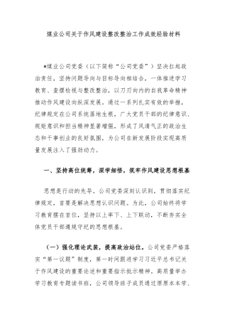 煤业公司关于作风建设整改整治工作成效经验材料